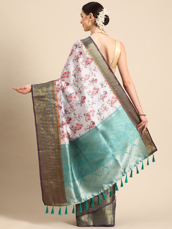 Gray Pure Silk Digital Print Floral Saree with Unstitched Blouse - Hiral Fashion