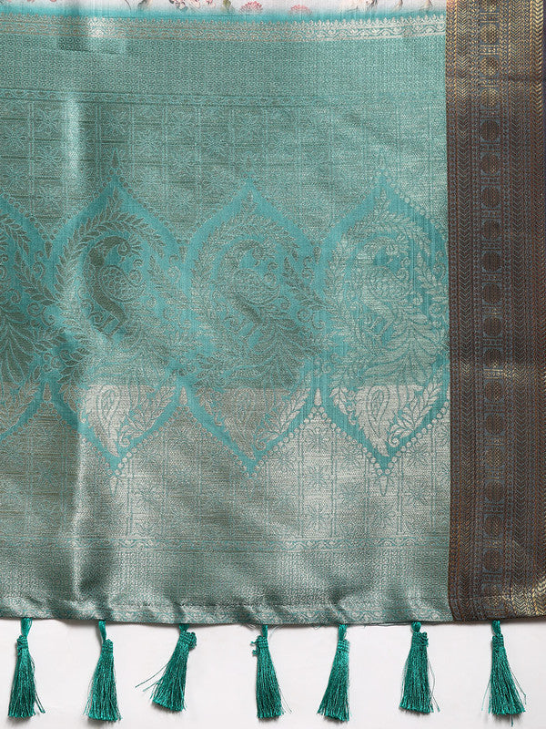 Gray Pure Silk Digital Print Floral Saree with Unstitched Blouse - Hiral Fashion