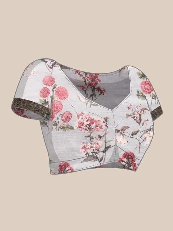 Gray Pure Silk Digital Print Floral Saree with Unstitched Blouse - Hiral Fashion