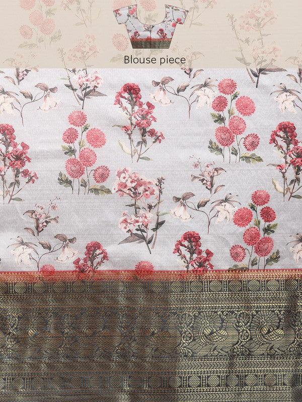 Gray Pure Silk Digital Print Floral Saree with Unstitched Blouse - Hiral Fashion