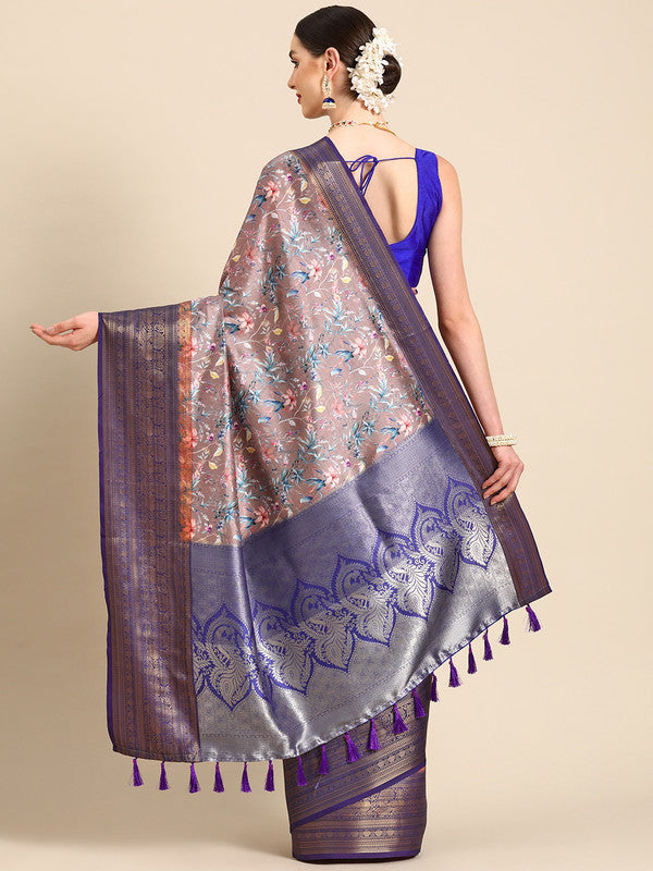 Brown Pure Silk Digital Print Floral Saree with Unstitched Blouse - Hiral Fashion