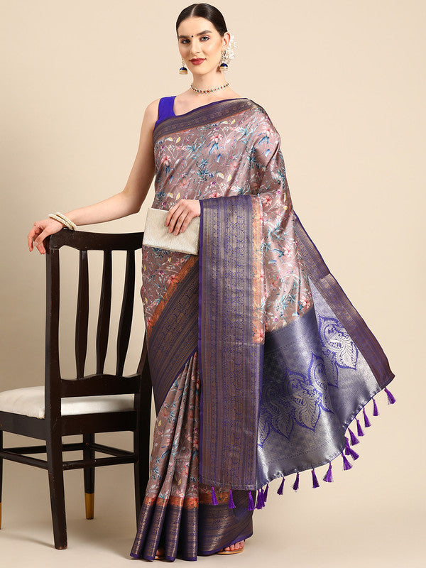 Brown Pure Silk Digital Print Floral Saree with Unstitched Blouse - Hiral Fashion
