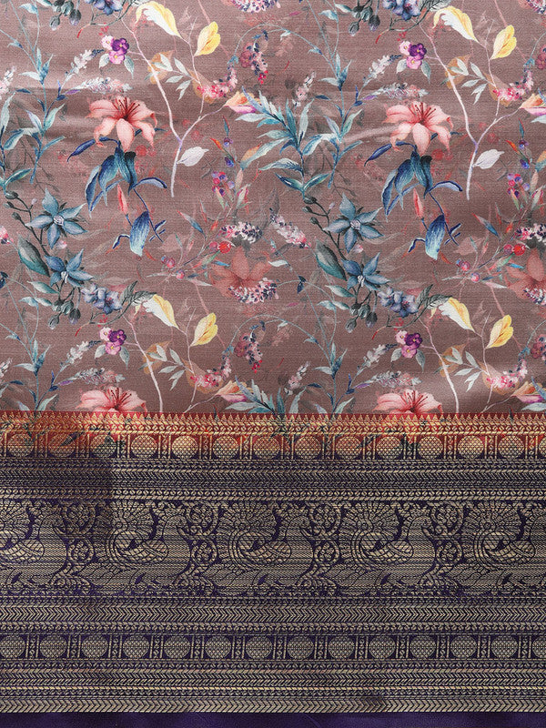 Brown Pure Silk Digital Print Floral Saree with Unstitched Blouse - Hiral Fashion