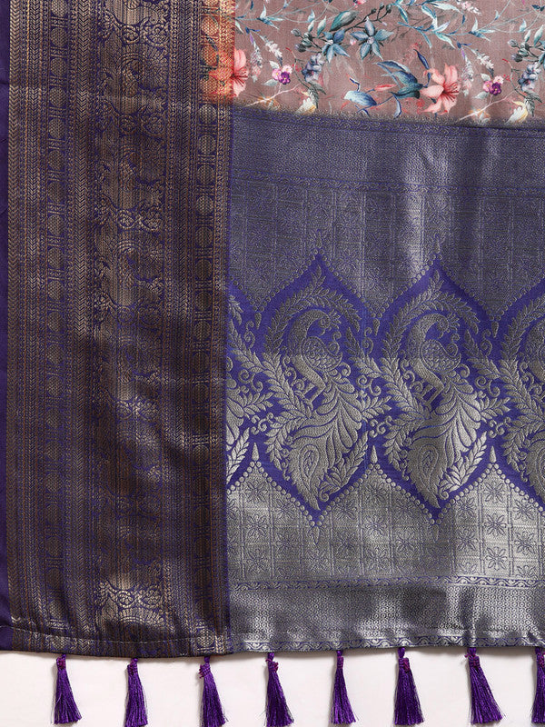 Brown Pure Silk Digital Print Floral Saree with Unstitched Blouse - Hiral Fashion