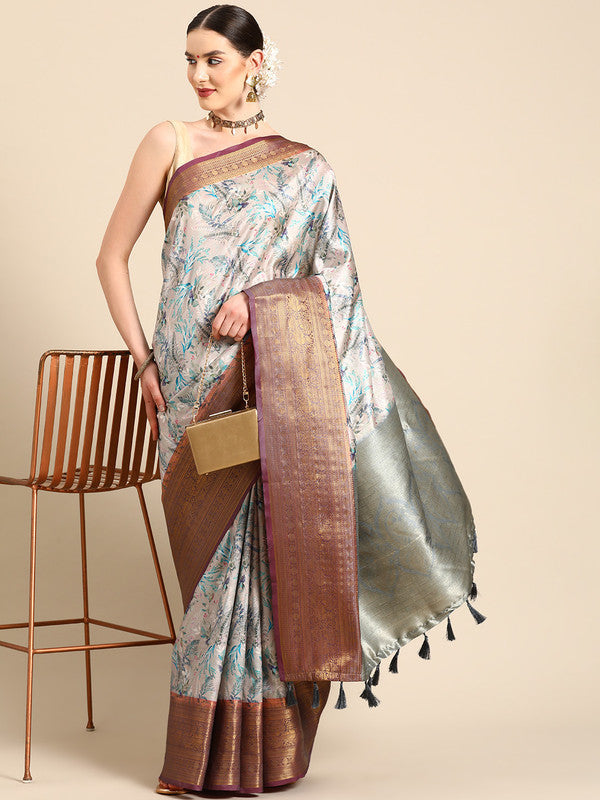 Multicolor Pure Silk Digital Print Floral Saree with Unstitched Blouse - Hiral Fashion