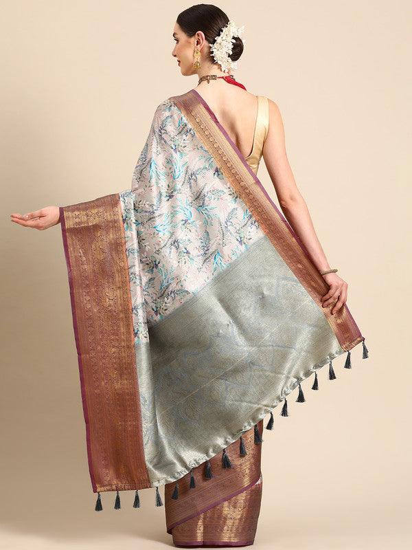 Multicolor Pure Silk Digital Print Floral Saree with Unstitched Blouse - Hiral Fashion
