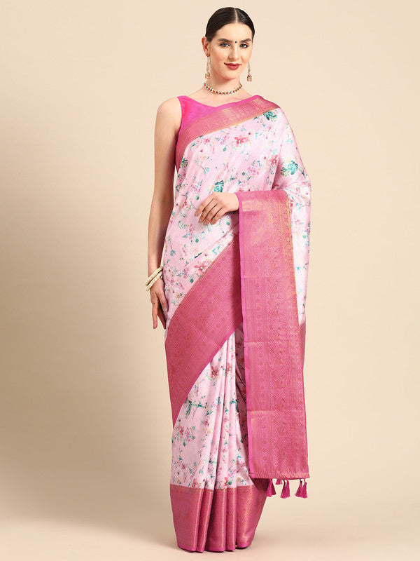 Pink Pure Silk Digital Print Floral Saree with Unstitched Blouse - Hiral Fashion