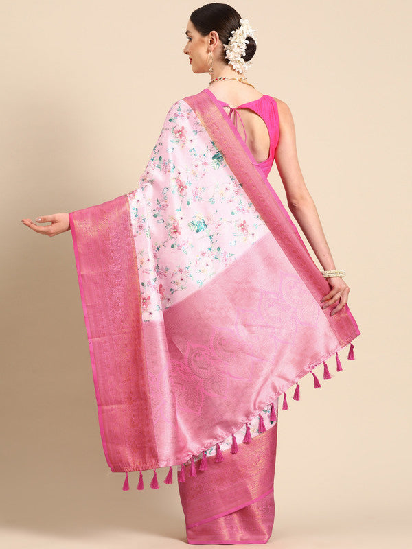 Pink Pure Silk Digital Print Floral Saree with Unstitched Blouse - Hiral Fashion