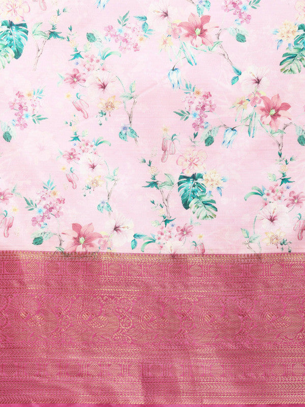 Pink Pure Silk Digital Print Floral Saree with Unstitched Blouse - Hiral Fashion