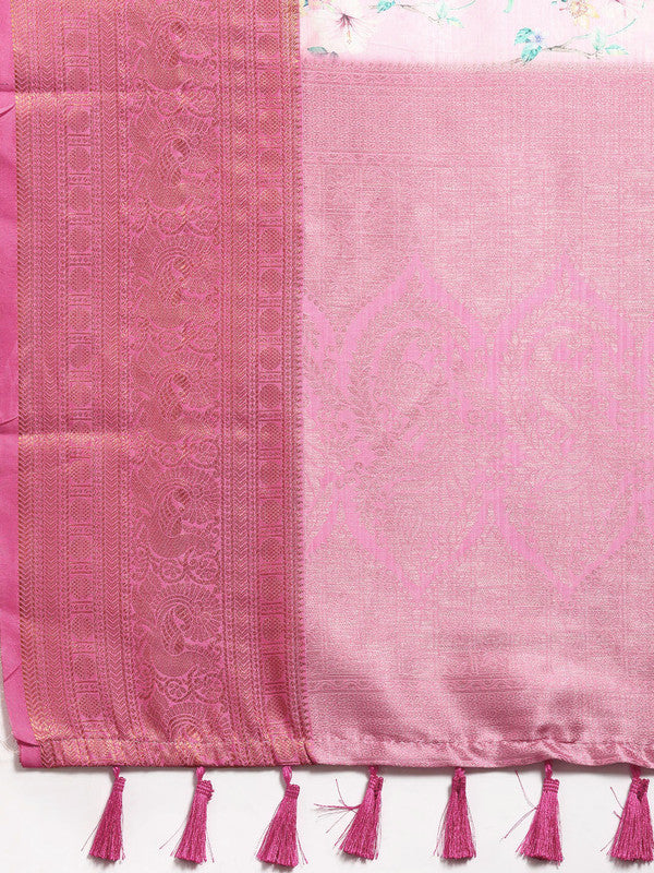 Pink Pure Silk Digital Print Floral Saree with Unstitched Blouse - Hiral Fashion