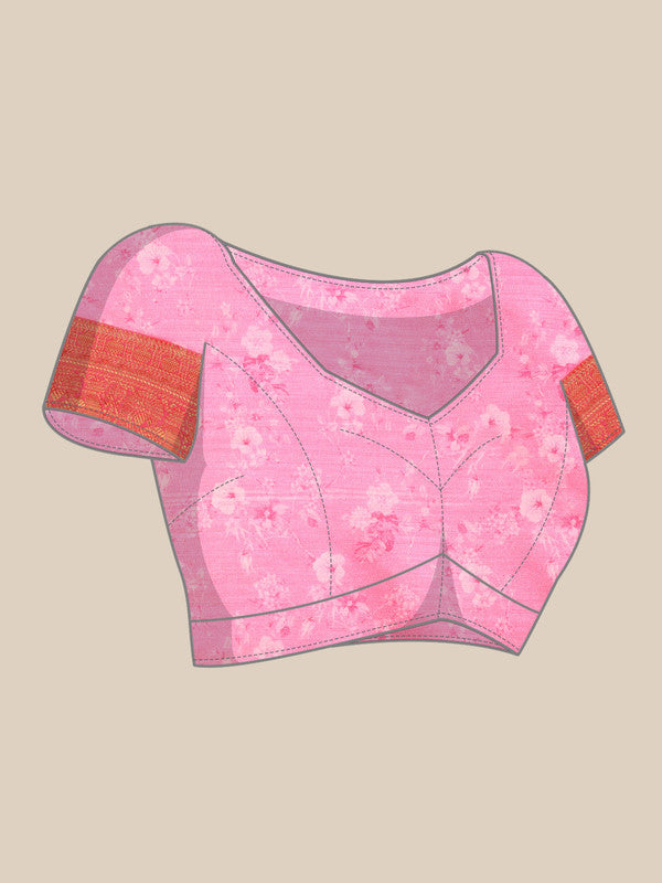 Pink Pure Silk Digital Print Floral Saree with Unstitched Blouse - Hiral Fashion