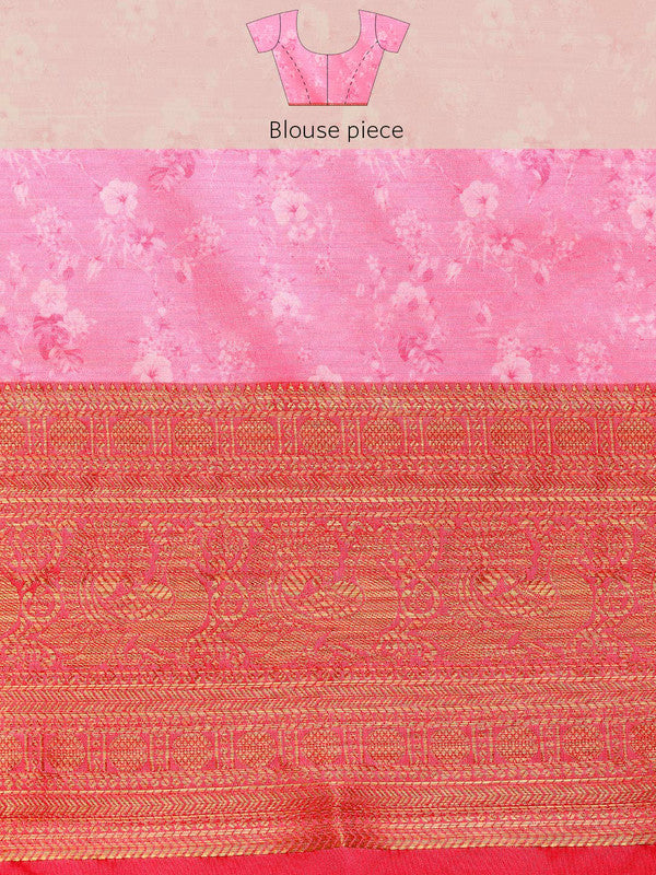 Pink Pure Silk Digital Print Floral Saree with Unstitched Blouse - Hiral Fashion