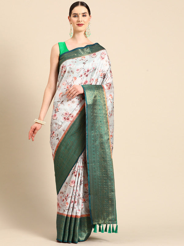 Gray Pure Silk Digital Print Floral Saree with Unstitched Blouse - Hiral Fashion