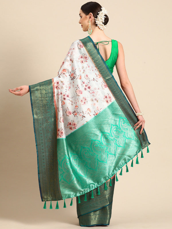 Gray Pure Silk Digital Print Floral Saree with Unstitched Blouse - Hiral Fashion