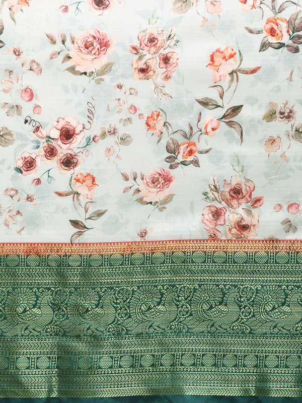 Gray Pure Silk Digital Print Floral Saree with Unstitched Blouse - Hiral Fashion