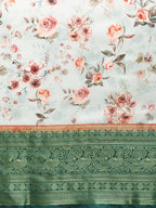 Gray Pure Silk Digital Print Floral Saree with Unstitched Blouse - Hiral Fashion