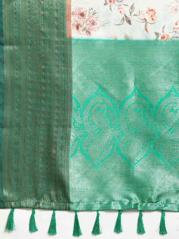 Gray Pure Silk Digital Print Floral Saree with Unstitched Blouse - Hiral Fashion