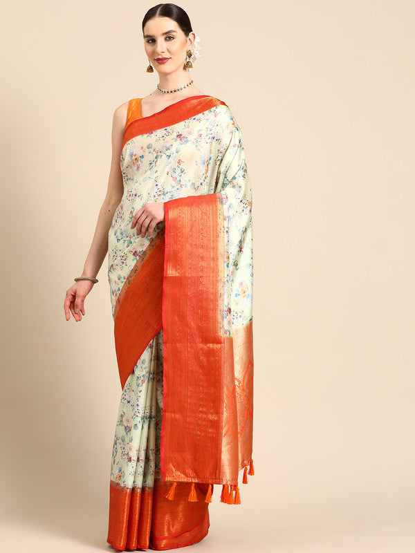 Green Pure Silk Digital Print Floral Saree with Unstitched Blouse - Hiral Fashion