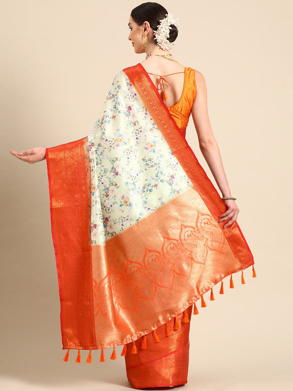 Green Pure Silk Digital Print Floral Saree with Unstitched Blouse - Hiral Fashion