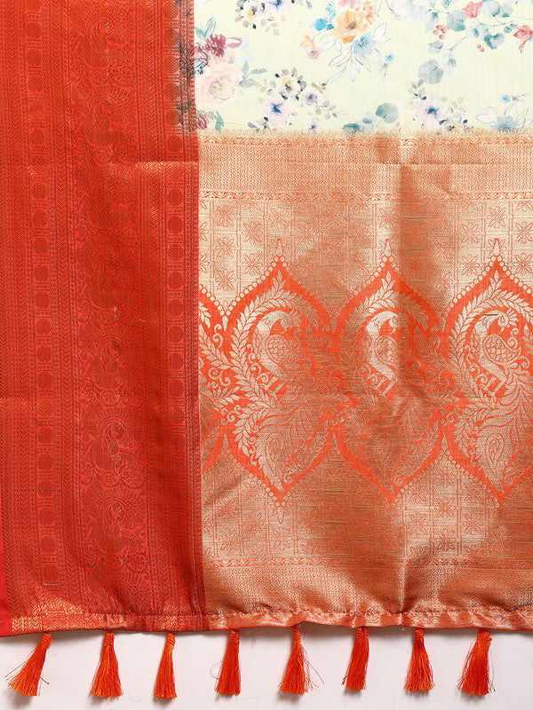 Green Pure Silk Digital Print Floral Saree with Unstitched Blouse - Hiral Fashion