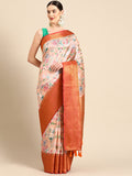 Peach Pure Silk Digital Print Floral Saree with Unstitched Blouse - Hiral Fashion