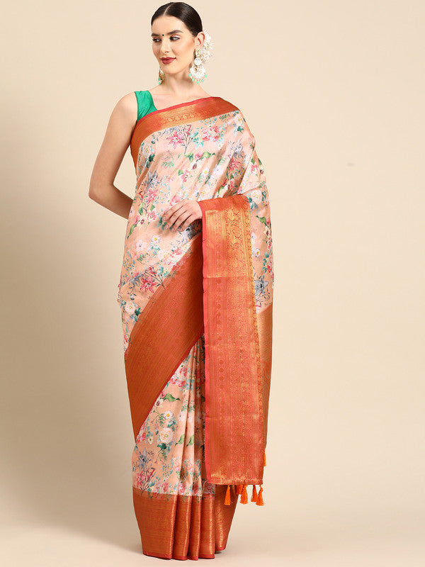 Peach Pure Silk Digital Print Floral Saree with Unstitched Blouse - Hiral Fashion