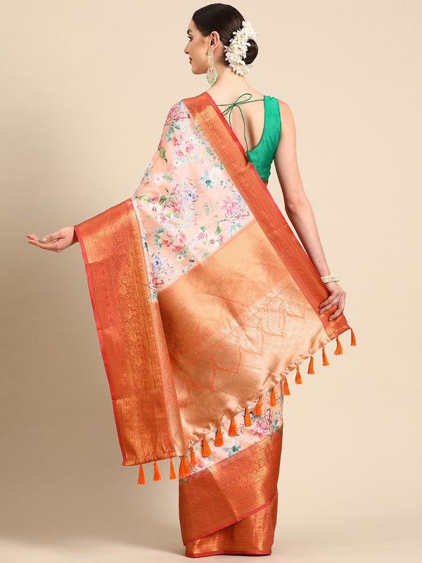 Peach Pure Silk Digital Print Floral Saree with Unstitched Blouse - Hiral Fashion