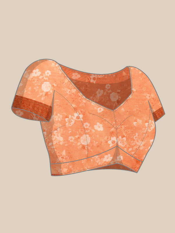 Peach Pure Silk Digital Print Floral Saree with Unstitched Blouse - Hiral Fashion