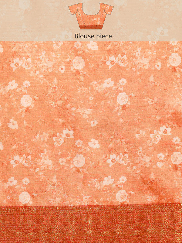 Peach Pure Silk Digital Print Floral Saree with Unstitched Blouse - Hiral Fashion