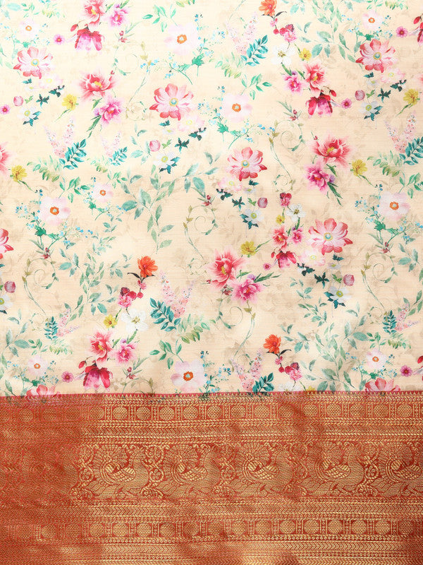 Multicolor Pure Silk Digital Print Floral Saree with Unstitched Blouse - Hiral Fashion
