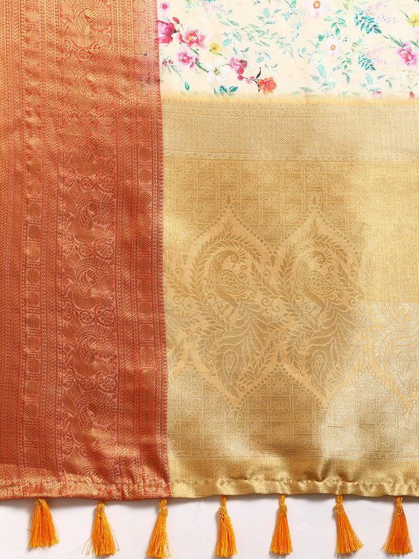 Multicolor Pure Silk Digital Print Floral Saree with Unstitched Blouse - Hiral Fashion