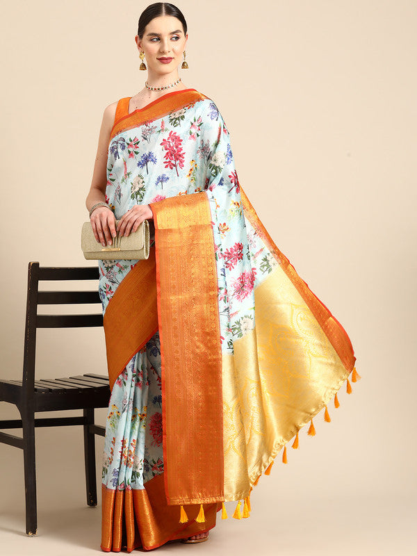 Sky Blue Pure Silk Digital Print Floral Saree with Unstitched Blouse - Hiral Fashion