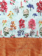 Sky Blue Pure Silk Digital Print Floral Saree with Unstitched Blouse - Hiral Fashion