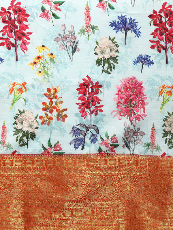 Sky Blue Pure Silk Digital Print Floral Saree with Unstitched Blouse - Hiral Fashion