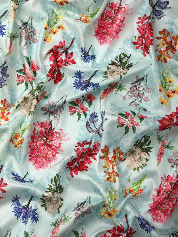 Sky Blue Pure Silk Digital Print Floral Saree with Unstitched Blouse - Hiral Fashion