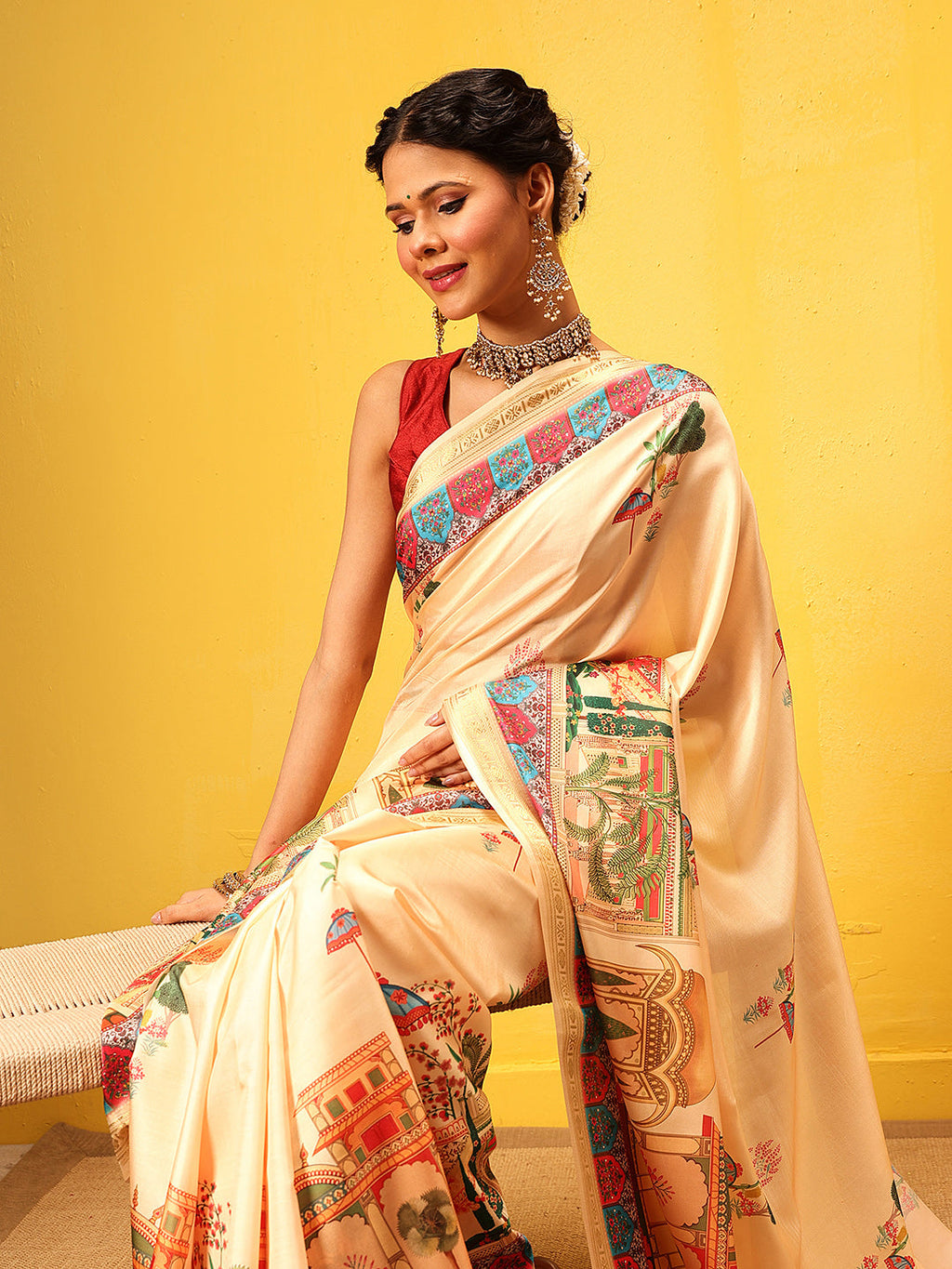 Hiral Fashion Beige Banarasi Art Silk Abstract Digital Printed Saree