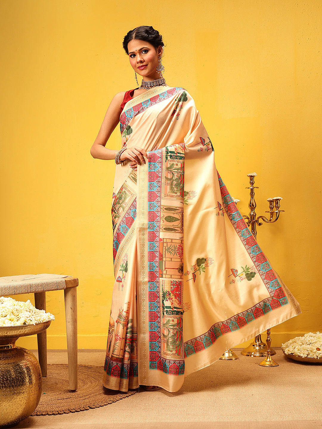 Hiral Fashion Beige Banarasi Art Silk Abstract Digital Printed Saree
