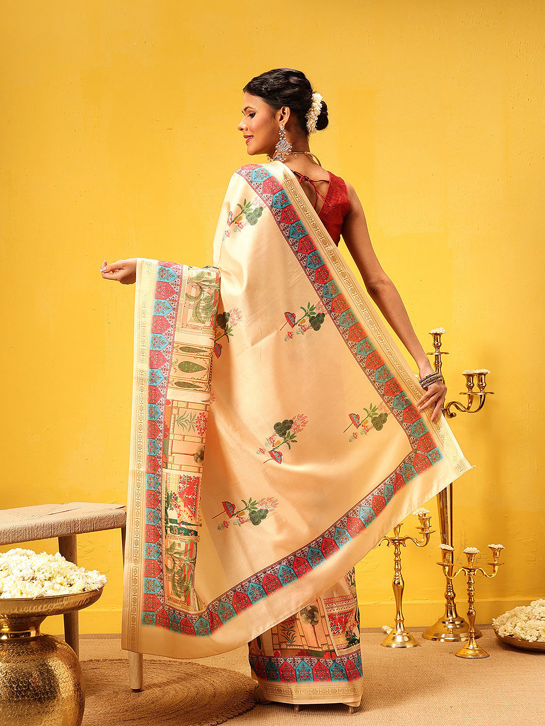 Hiral Fashion Beige Banarasi Art Silk Abstract Digital Printed Saree