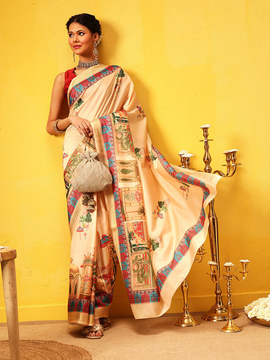 Hiral Fashion Beige Banarasi Art Silk Abstract Digital Printed Saree