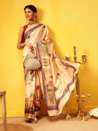Hiral Fashion Beige Banarasi Art Silk Abstract Digital Printed Saree