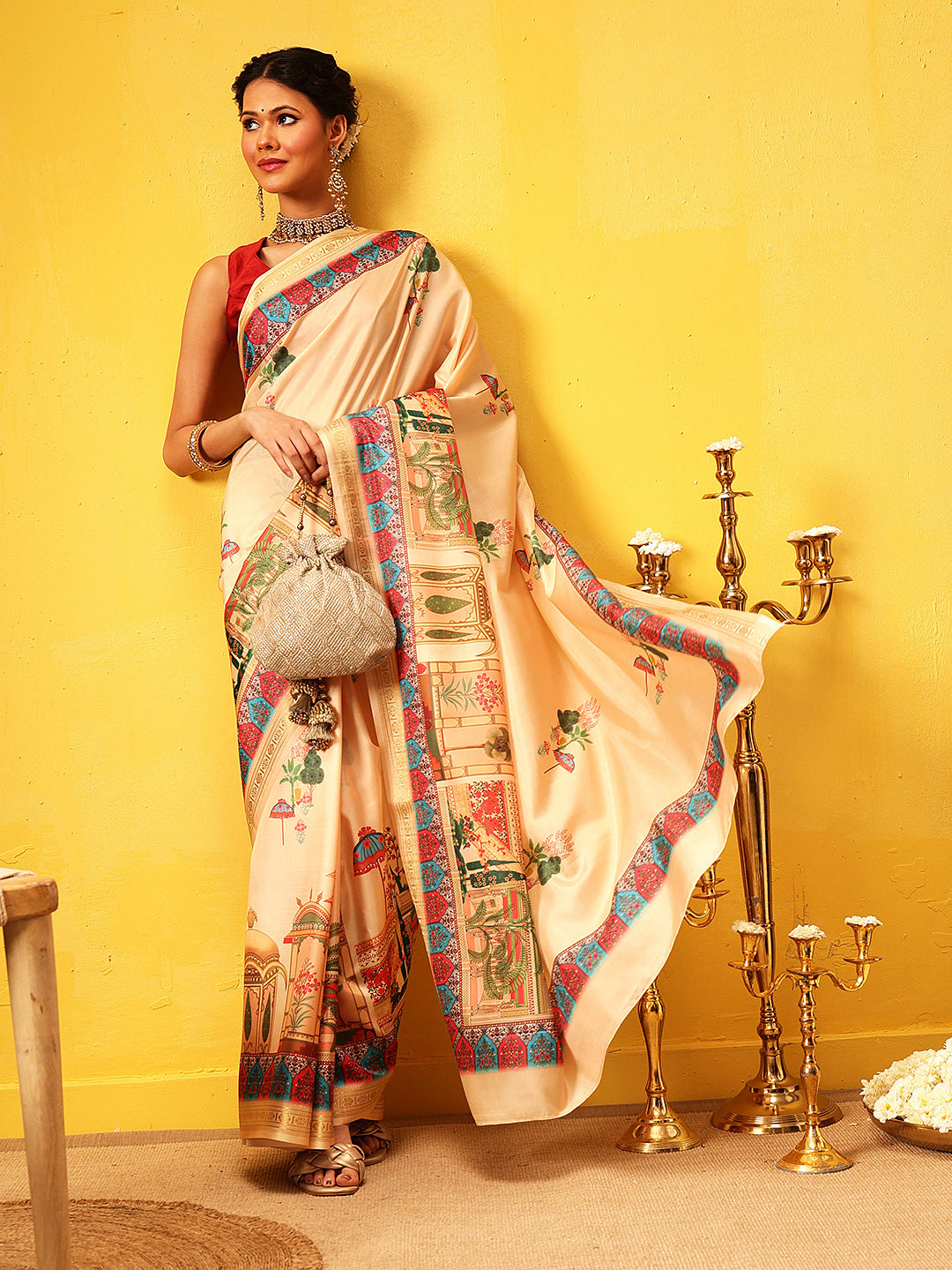 Hiral Fashion Beige Banarasi Art Silk Abstract Digital Printed Saree
