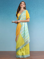 Multicolor Tusser Silk Digital Print Solid Saree with Unstitched Blouse - Hiral Fashion