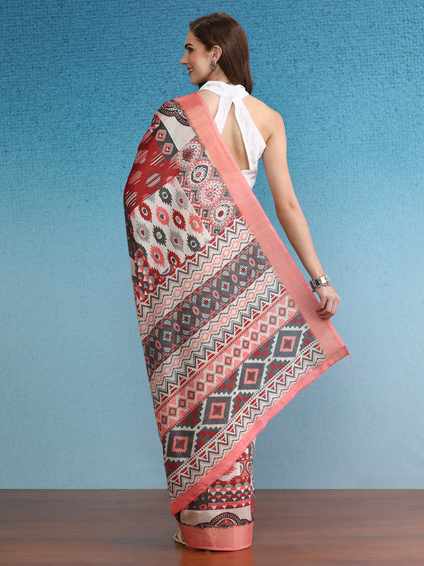 Multicolor Tusser Silk Digital Print Abstract Saree with Unstitched Blouse - Hiral Fashion