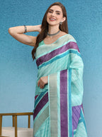 Purple Tusser Silk Digital Print Striped Saree with Unstitched Blouse - Hiral Fashion