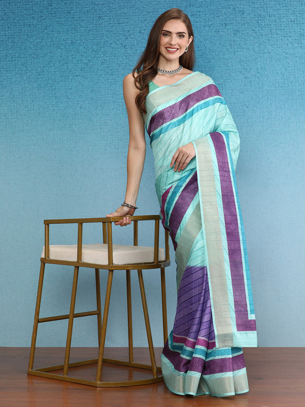 Purple Tusser Silk Digital Print Striped Saree with Unstitched Blouse - Hiral Fashion