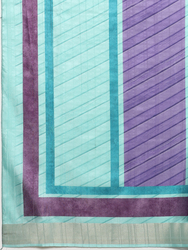 Purple Tusser Silk Digital Print Striped Saree with Unstitched Blouse - Hiral Fashion