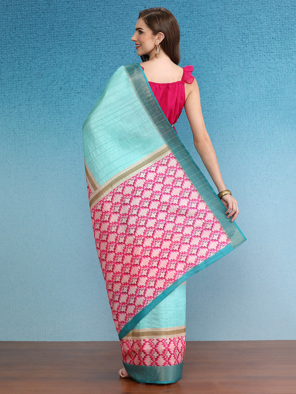 Turquoise Tusser Silk Digital Print Striped Saree with Unstitched Blouse - Hiral Fashion