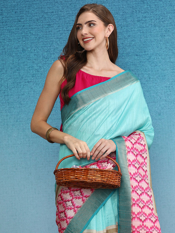 Turquoise Tusser Silk Digital Print Striped Saree with Unstitched Blouse - Hiral Fashion