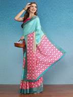 Turquoise Tusser Silk Digital Print Striped Saree with Unstitched Blouse - Hiral Fashion