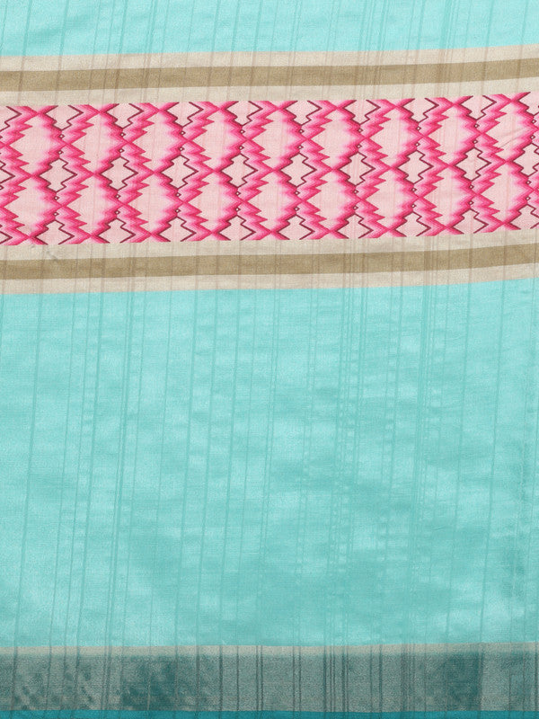 Turquoise Tusser Silk Digital Print Striped Saree with Unstitched Blouse - Hiral Fashion